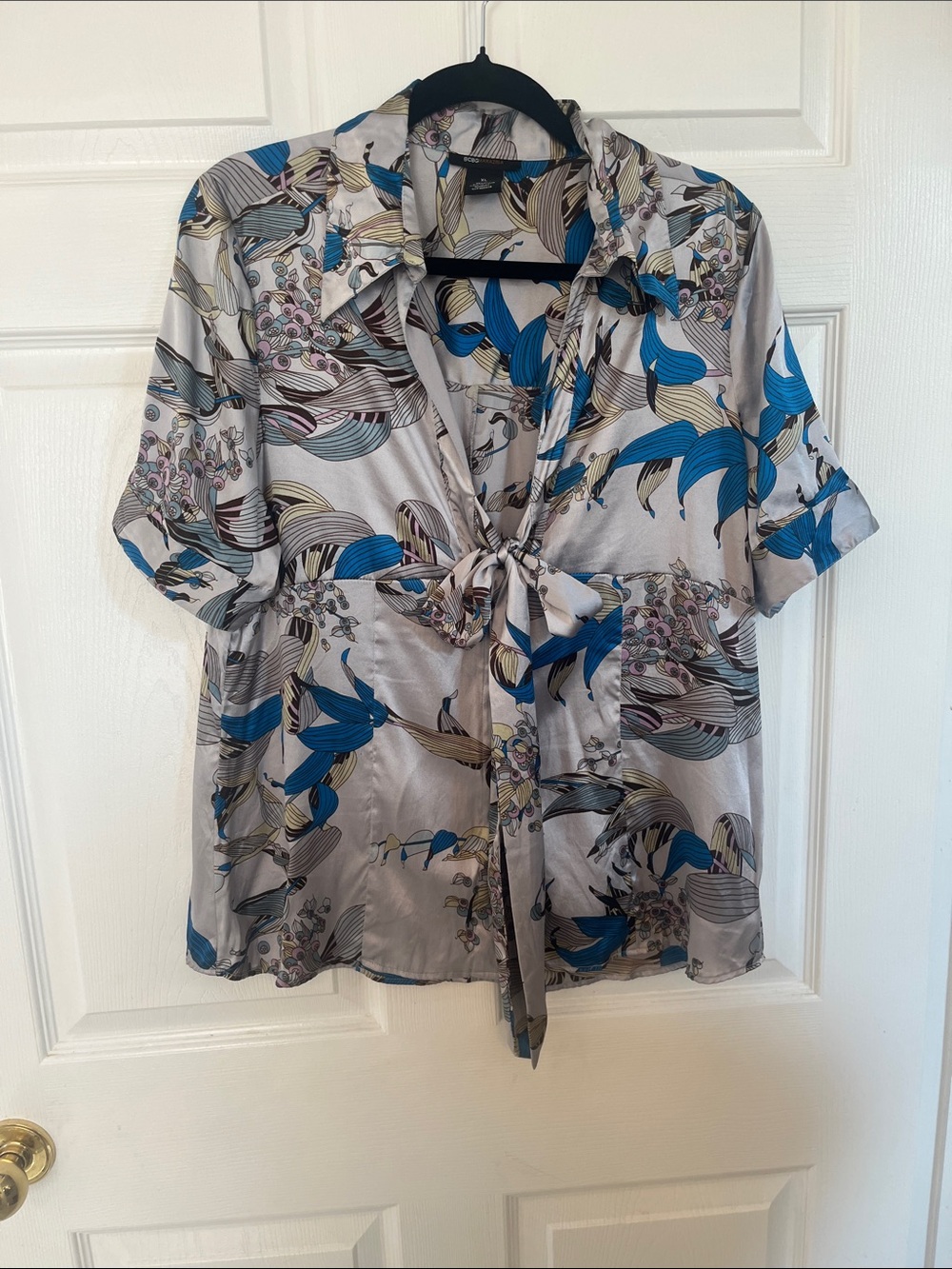 BCBGMaxAzria Floral Satin Tie-Front Blouse in Blue and silver